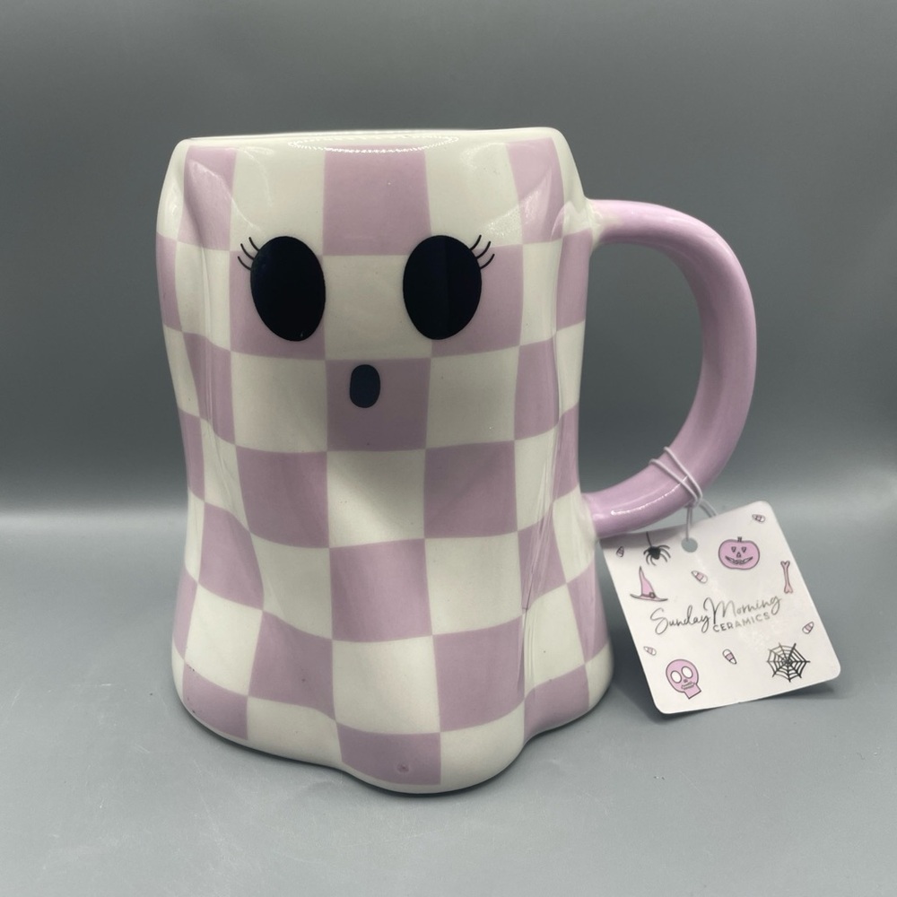 Sunday Morning Halloween Purple Checkered Ghost Mug SPOOK-TACULAR VIBES ONLY NEW